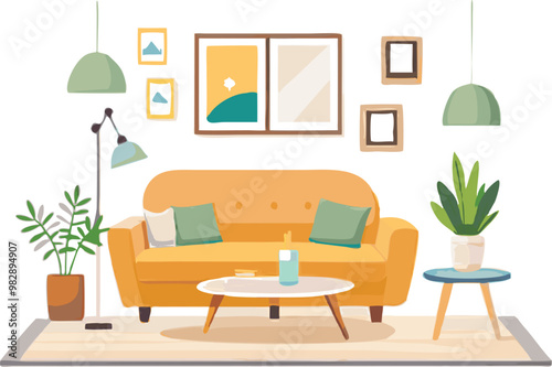 Modern Interior Design with Sofa Set Flat Vector Isolated