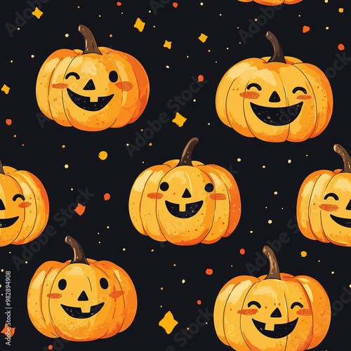 Cute smiling pumpkin faces seamless Halloween pattern on black background