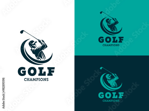 Silhouette golfer swinging club with GOLF CHAMPIONS text. Ideal for golf tournament promotional materials, sports websites and social media. EPS Layered Vector File photo