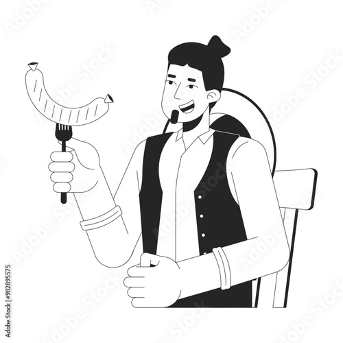 Joyful caucasian man eating grilled sausage black and white 2D line character. European male holding meat snack at oktoberfest isolated vector outline person. Monochromatic spot illustration