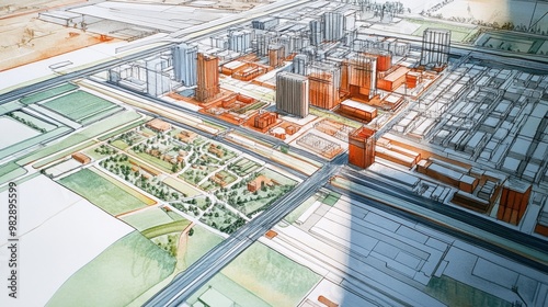 Detailed urban planning blueprint illustrating city zoning. 