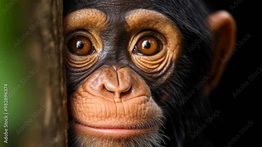 A baby chimp peers out from behind a tree with wide, innocent eyes.