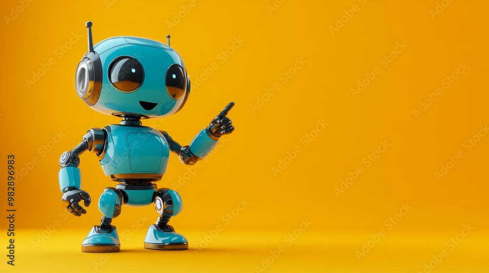 Friendly blue robot points to the right. Friendly blue robot points to the right.