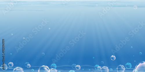 Blue sea ocean water surface level in underwater with bubbles and sun rays background,Vector Realistic Deep Bottom undersea aqua with waterline,Illustration horizon in clean river or lake