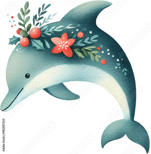 Christmas dolphin watercolor painting cutout png clip art transparent background photo