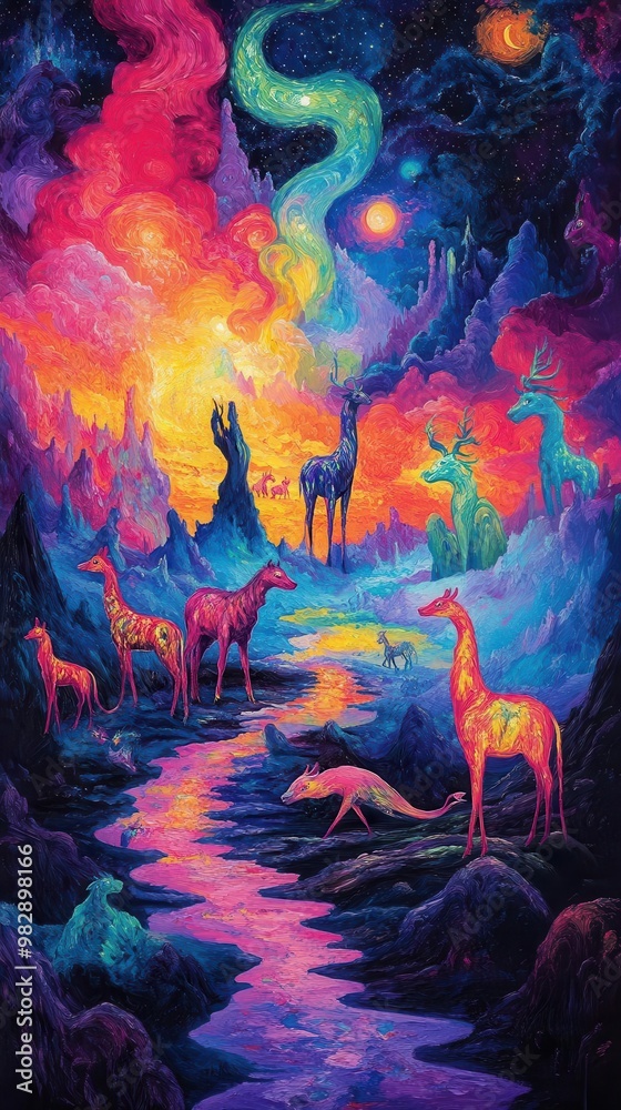 Fototapeta premium Create a side view of surreal, glowing animals with shifting colors in an abstract landscape symbolizing creatures of the mind in vibrant oil painting style