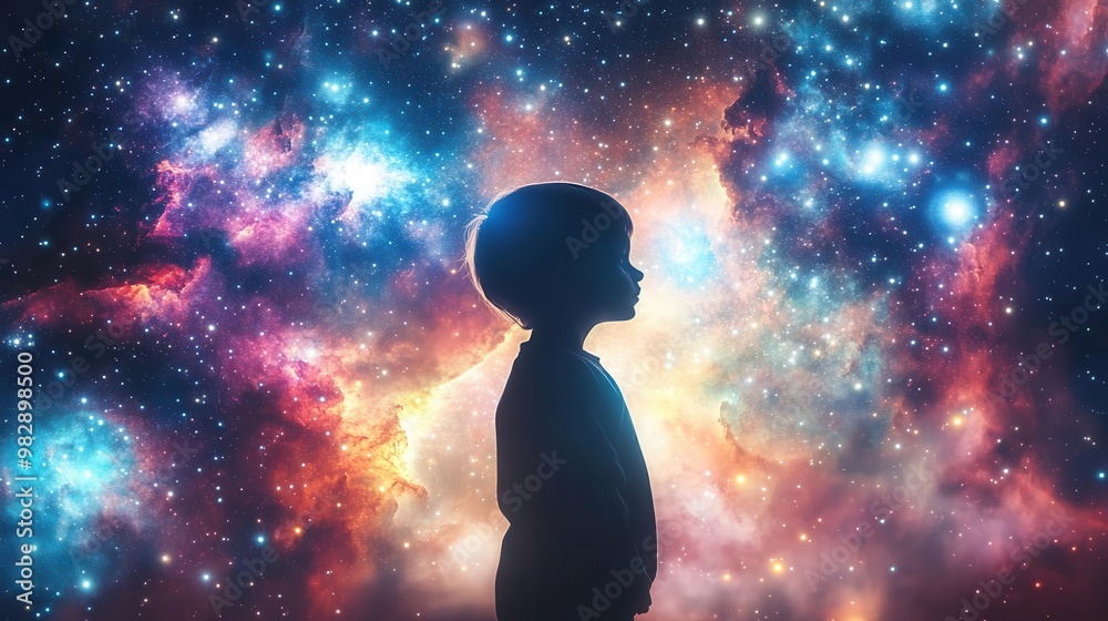 Design a front-facing silhouette of a child against a backdrop of diverse galaxies, depicting the unlimited creativity of a young mind in an abstract digital composition Design a front-facing silhouette of a child against a backdrop of diverse galaxies, depicting the unlimited creativity of a young mind in an abstract digital composition
