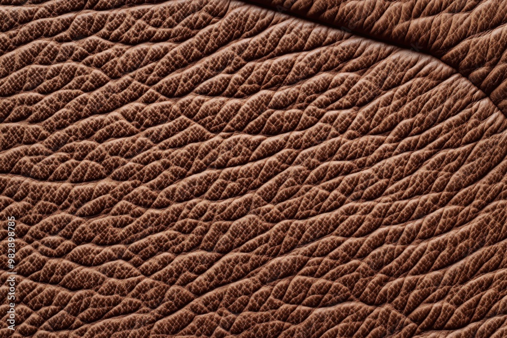 Close-up image of textured brown leather with visible grain and stitches. The criss-cross patterns and folds emphasize the natural, rugged texture of the material.