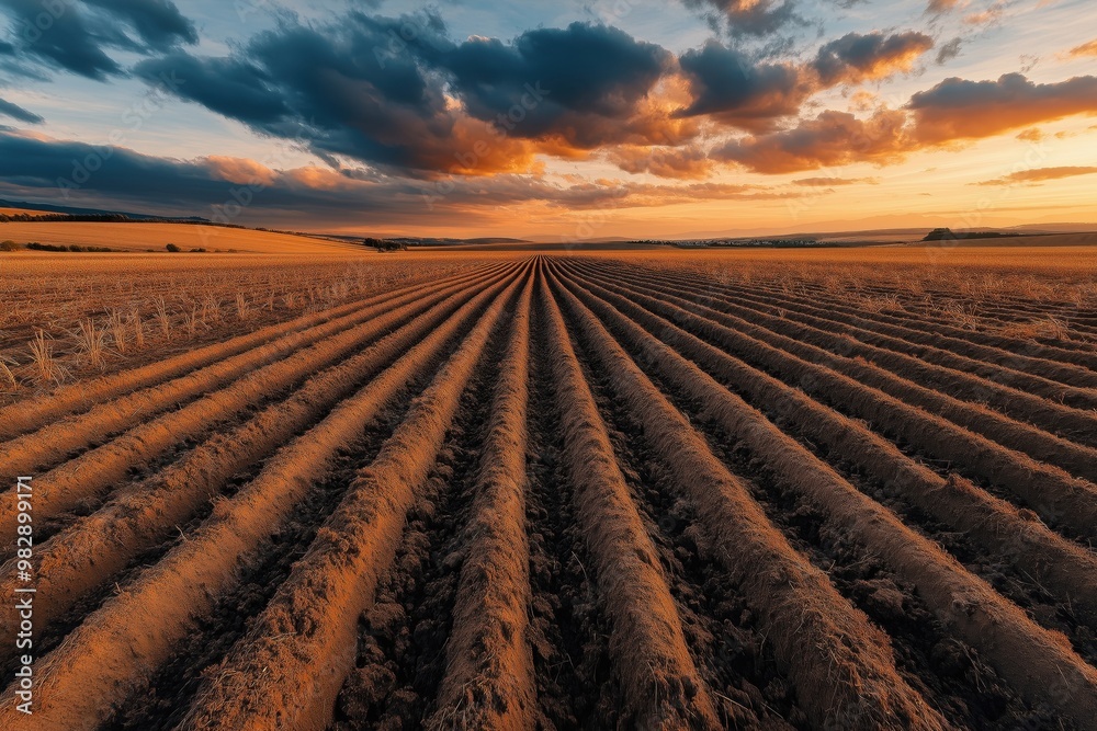Sunset over a plowed agricultural field with rows of soil extending into the horizon and dramatic clouds in the sky. Sunset over a plowed agricultural field with rows of soil extending into the horizon and dramatic clouds in the sky.