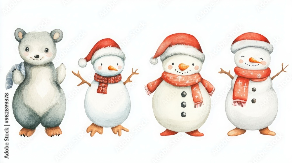 Cute watercolor illustration of snowmen and a bear.