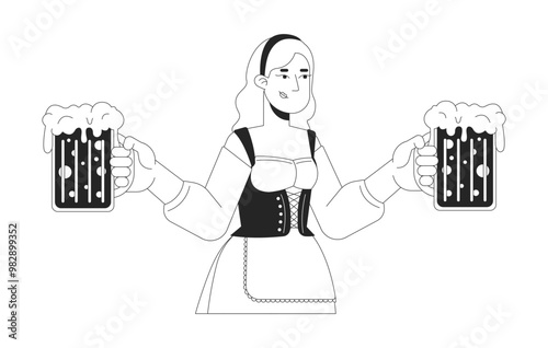 Blonde woman carrying mugs of craft beer black and white 2D line character. Pretty waitress serving clients at oktoberfest isolated vector outline person. Monochromatic spot illustration
