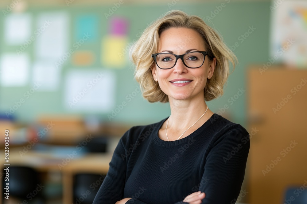 Confident teacher posing in a bright classroom during the day