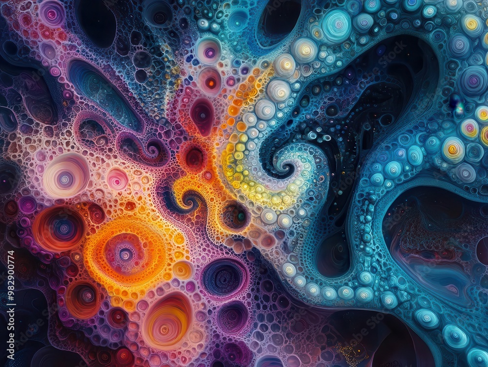 Illustrate an aerial view of a fantastical entity evolving through a spectrum of colors and intricate abstract patterns Illustrate an aerial view of a fantastical entity evolving through a spectrum of colors and intricate abstract patterns