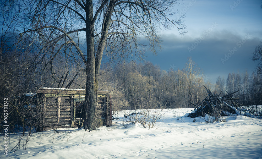 Naklejka premium An old abandoned wooden hut sits quietly on a small country road, surrounded by deep winter snow with a dark and gloomy sky above. The crumbling hut is set against a snow-covered field.