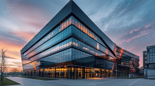 Modern building in aluminum siding and flat angled roofline and front windows.