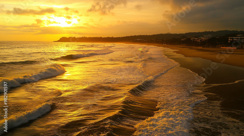 Traumhafter Meeresstrand im goldenen Sonnenlicht. Romantische Abendstimmung, Urlaubsparadies. Ideal für Reisewerbung & Wellness-Marketing photo