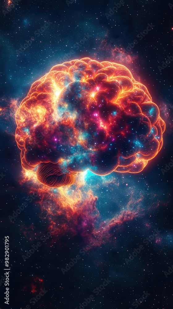 Incorporate an aerial view genre, a human brain-shaped nebula glowing with multicolored hues, depicting the vast human imagination in photorealistic style Incorporate an aerial view genre, a human brain-shaped nebula glowing with multicolored hues, depicting the vast human imagination in photorealistic style