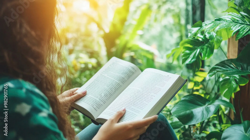 A person reading a self-help book while sitting by a sunny window, improving their mental wellbeing through positive learning photo