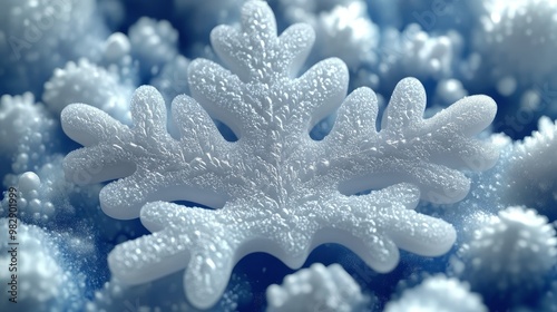 A close-up of a delicate snowflake showcasing intricate patterns and textures, surrounded by soft blue and white tones.