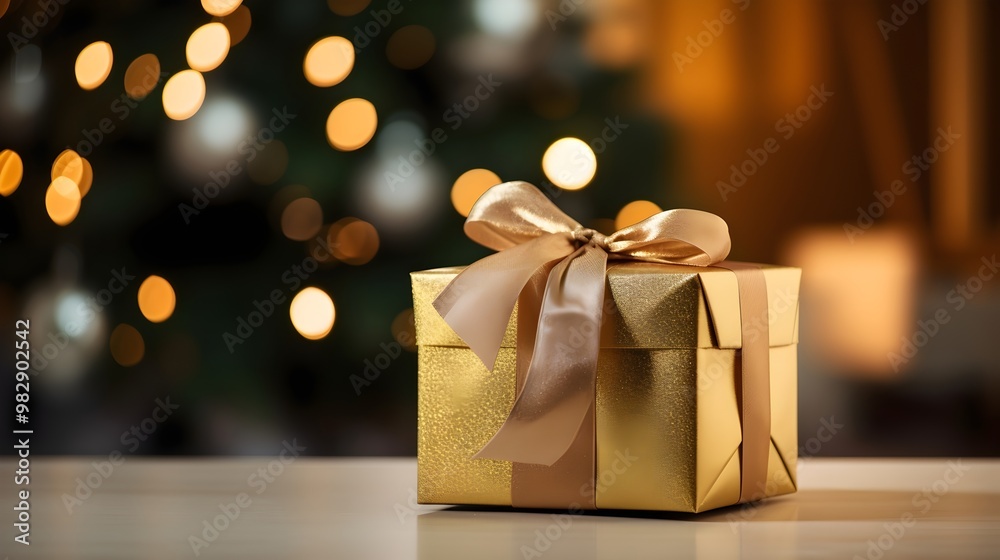 Golden Christmas Present with gold ribbon, Merry christmas Banner with copy space for text, Bokeh lights blurred, wallpaper, festive, gifts, celebration, surprise, HD, close up, giving gifts, gifting Golden Christmas Present with gold ribbon, Merry christmas Banner with copy space for text, Bokeh lights blurred, wallpaper, festive, gifts, celebration, surprise, HD, close up, giving gifts, gifting