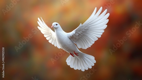 A beautiful white dove in flight, symbolizing peace and freedom against a blurred autumn background.