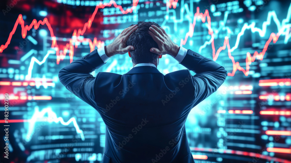 A distressed businessman stands against a digital stock market backdrop, holding his head in frustration as alarming trends dominate the screen A distressed businessman stands against a digital stock market backdrop, holding his head in frustration as alarming trends dominate the screen