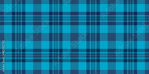 Chequered fabric pattern plaid, silky textile vector texture. Throw tartan check background seamless in blue and cyan colors.