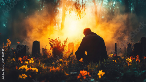 A person sitting alone in a cemetery, quietly mourning in front of a gravestone, with the soft glow of twilight adding to the somber atmosphere photo