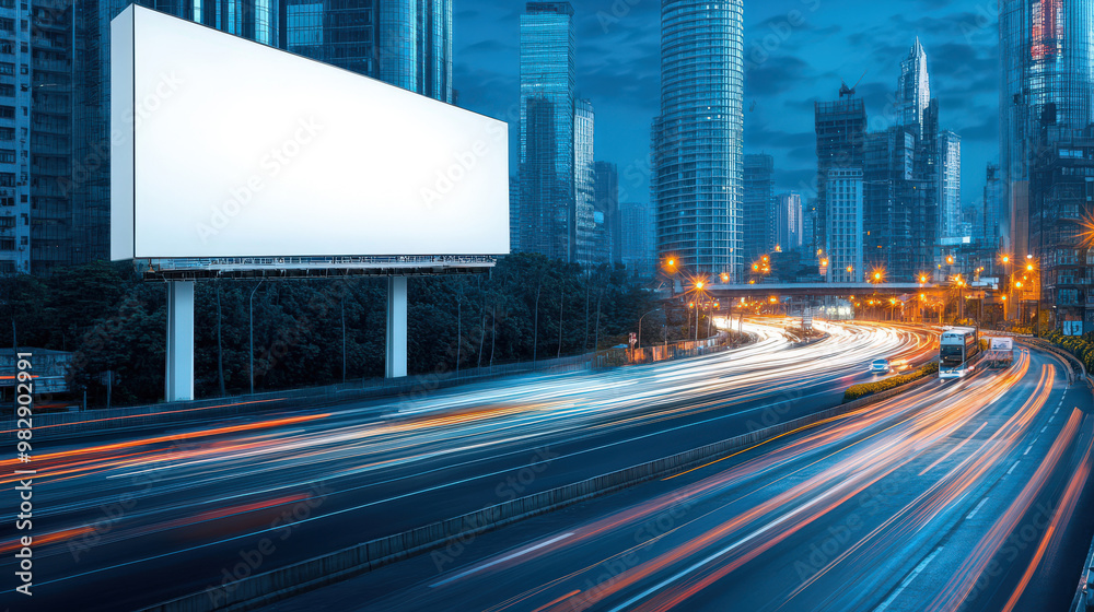 Blank Billboard on Highway with City Skyline and Light Trails at Dusk Blank Billboard on Highway with City Skyline and Light Trails at Dusk