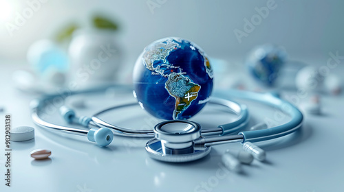 Stethoscope and medicines on a globe in a bright setting.Visual depiction of universal health coverage with a stethoscope and pills on a globe in a bright and clean environment