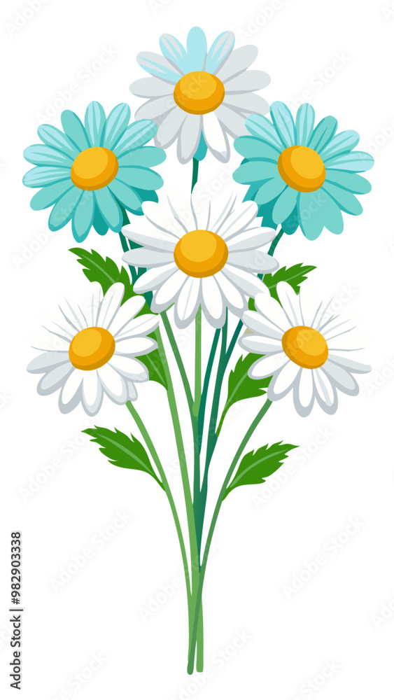 Fototapeta premium Stunning White Daisy Illustration with Yellow Center and Lush Green Leaves - Perfect for Floral Designs and Botanical Themes, Daisy Vector Illustration
