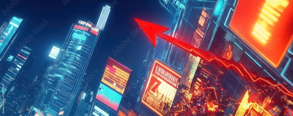 A red arrow plummets from the sky into a highly digitized city, with neon billboards flickering, financial chaos depicted in the foreground, sci-fi, cybernetic details A red arrow plummets from the sky into a highly digitized city, with neon billboards flickering, financial chaos depicted in the foreground, sci-fi, cybernetic details
