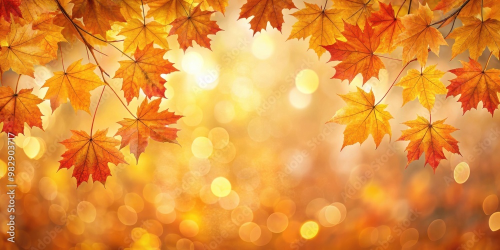 Vibrant fall maple leaves glowing against golden bokeh background Vibrant fall maple leaves glowing against golden bokeh background
