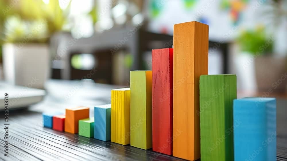 Various colorful wooden blocks are stacked in a bar chart layout on a