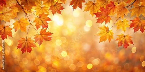 Vibrant fall maple leaves glowing against golden bokeh background