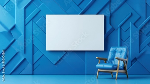 Modern Blue Interior with Blank Canvas and Stylish Chair