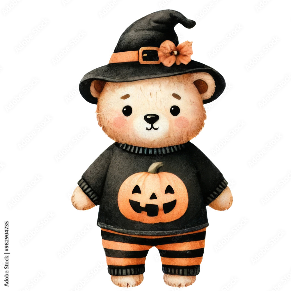 Teddy bear dressed in Halloween costume. Watercolor sticker isolated on transparent background. Halloween trick-or-treat concept. Teddy bear dressed in Halloween costume. Watercolor sticker isolated on transparent background. Halloween trick-or-treat concept.