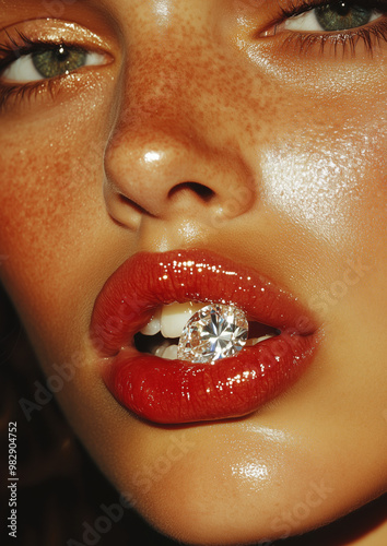 The girl's lips are painted with red pink lipstick. The girl holds a diamond in her mouth. Close-up of pink lips holding a sparkling diamond between lips. beauty, fashion, jewelry design concept