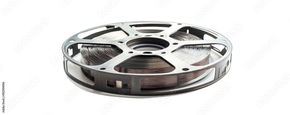 Obraz premium Close-up of a vintage film reel isolated on a white background, showcasing classic cinema and filmmaking equipment.