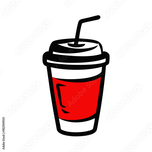 Takeaway cup of beverage with a straw and red design for coffee on the go concept
