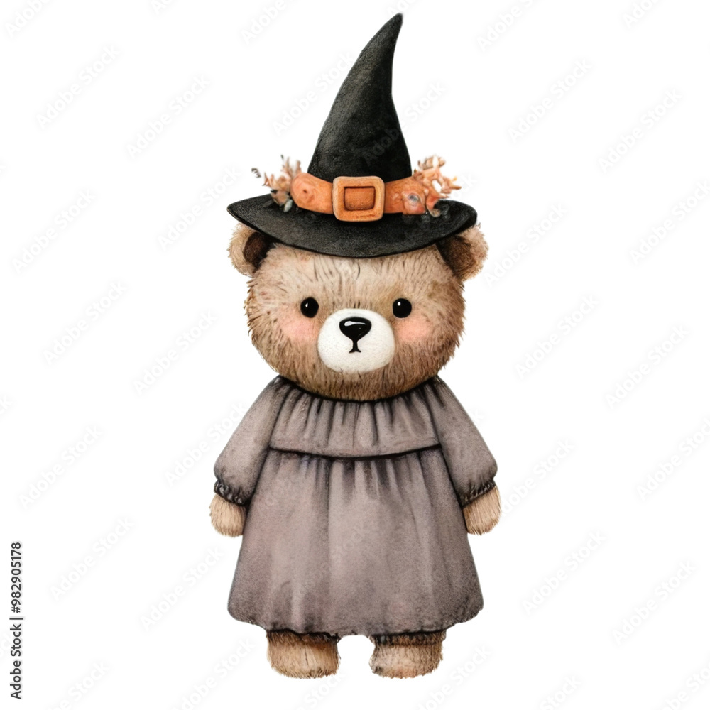 Teddy bear dressed in Halloween costume. Watercolor sticker isolated on transparent background. Halloween trick-or-treat concept. Teddy bear dressed in Halloween costume. Watercolor sticker isolated on transparent background. Halloween trick-or-treat concept.
