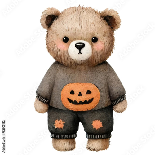 Teddy bear dressed in Halloween costume. Watercolor sticker isolated on transparent background. Halloween trick-or-treat concept.