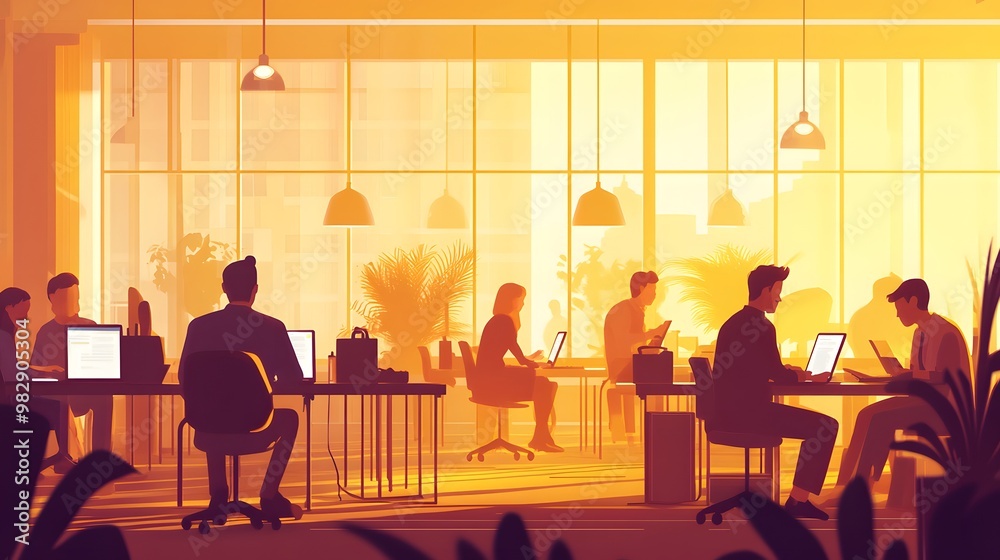 A bustling office scene with people working on laptops and smartphones, depicted in an animated style A bustling office scene with people working on laptops and smartphones, depicted in an animated style