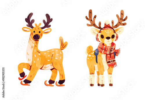 Cute Christmas reindeers cartoon characters in warm scarf, wrapped in garland, harnessed in three-piece isolated set. Funny Santa Claus deer helpers with presents and xmas tree vector illustration
