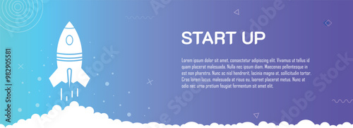 Start up banner with rocket sign, business growth, technology and innovation, copy space for text