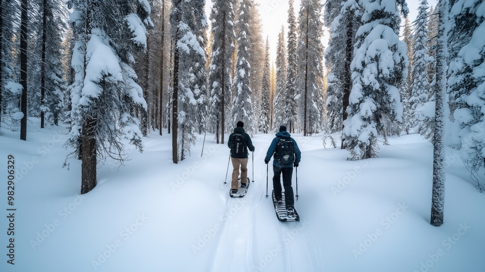 Two people snowshoeing through a snowy forest with tall trees covered in snow during winter. Two people snowshoeing through a snowy forest with tall trees covered in snow during winter.