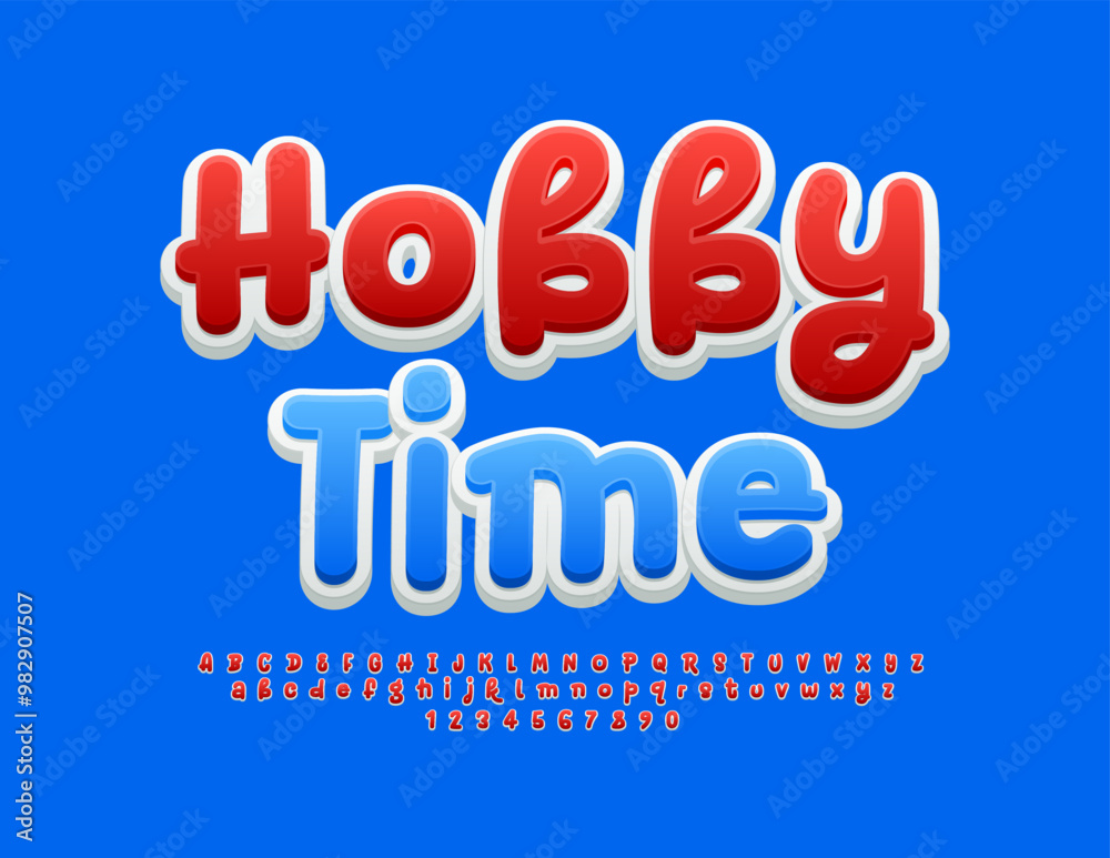 Fototapeta premium Vector playful emblem Hobby Time. Creative Red Font. Funny Alphabet Letters and Numbers set
