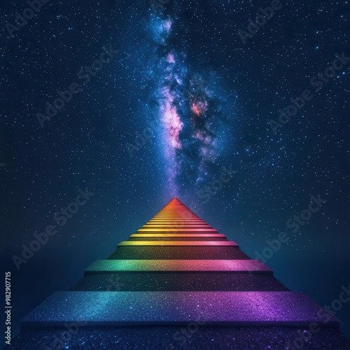 Capture the essence of a multicolored pathway stretching to the starlit heavens from a unique lower angle viewpoint photo