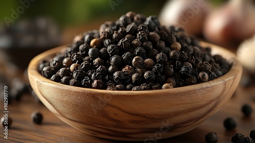 Black Peppercorns: A close-up of whole black peppercorns, glistening with natural oils, piled high in a wooden bowl on a kitchen counter.