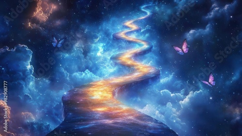 Craft a bright, swirling butterfly pathway in the forefront against a cosmic backdrop, representing change through fantasy, employing digital techniques for a photorealistic finish